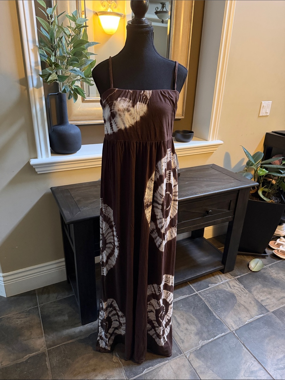 INC International Concepts Brown and White Tie-Dye Maxi Dress